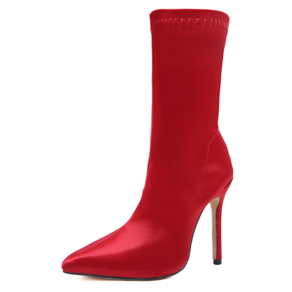 Satin Boots Mid Tube Short Boots Stiletto Pointed High Heel Mid Tube Boots - Image 7