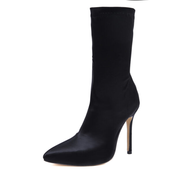 Satin Boots Mid Tube Short Boots Stiletto Pointed High Heel Mid Tube Boots - Image 8