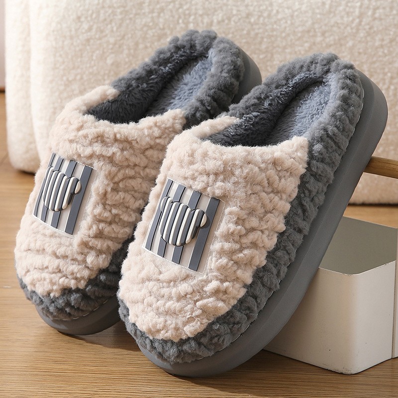 New Color-matching Lamb Slippers Indoor Couple Non-slip Floor Bedroom Slipper Winter Warm House Shoes For Women Men - Image 2