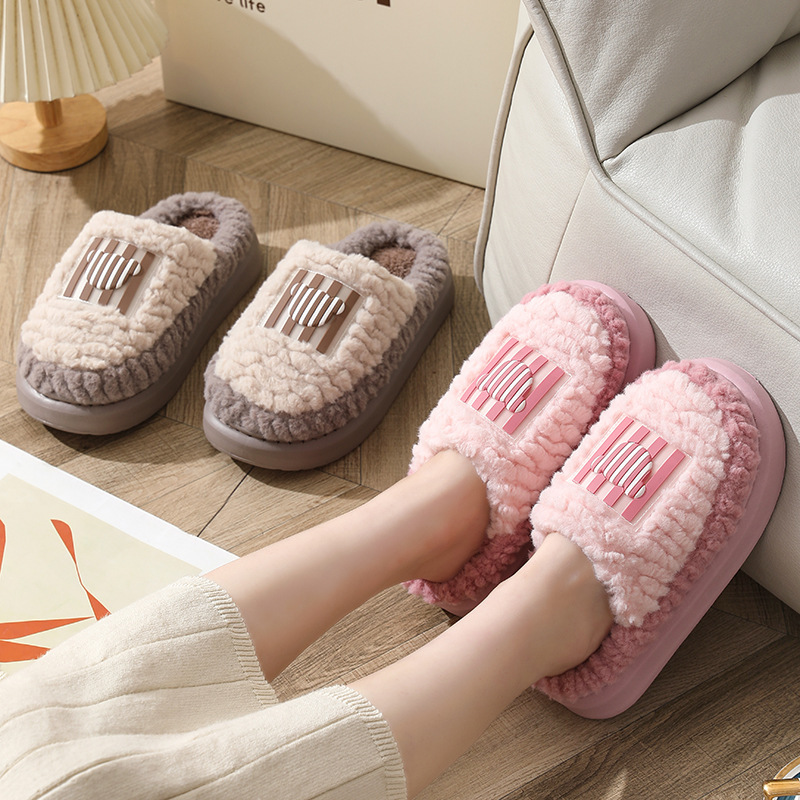New Color-matching Lamb Slippers Indoor Couple Non-slip Floor Bedroom Slipper Winter Warm House Shoes For Women Men - Image 8