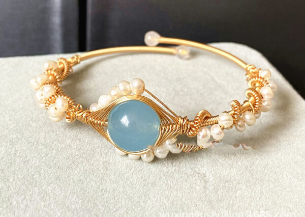 14K GoldWrapped Handmade Bracelet Hailan Baohai Sapphire Natural White Pearl Bracelet - Image 3