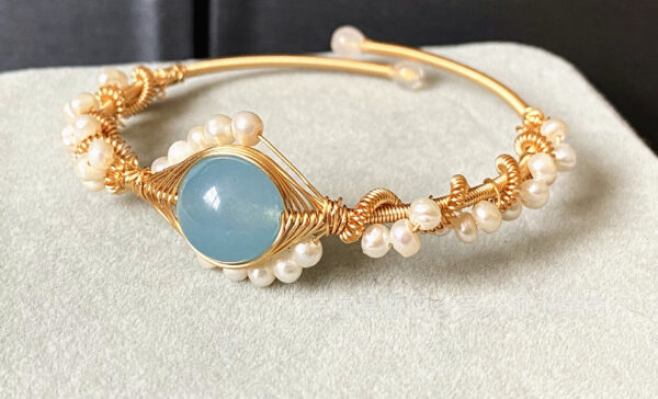 14K GoldWrapped Handmade Bracelet Hailan Baohai Sapphire Natural White Pearl Bracelet - Image 4