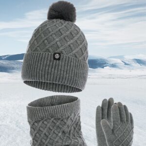 Autumn And Winter Hat Scarf Gloves Knitted Hat Amazon Outdoor Fleece-lined Warm Fur Ball Thickened Woolen Cap Three-piece Set