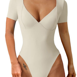 Women's Short Sleeve Bodysuit V Neck Body Suits Seamed Cup Going Out Tops Shirt