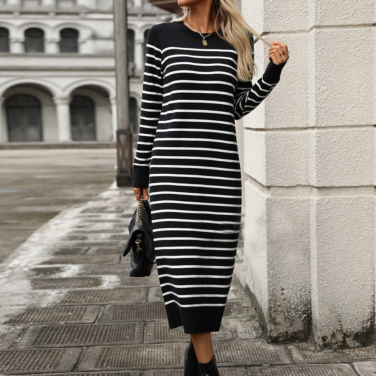 Slim Striped Printed Long Dress Fashion Autumn And Winter Long Sleeve Dresses For Womens Clothing - Image 6