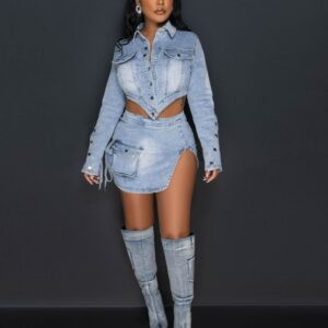 Wash Button Zipper Lace-up Irregular Slit Workwear Bag Denim Skirt Suit