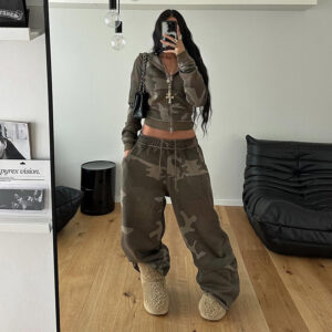 Camouflage Contrast Color Hooded Zipper Sweatshirt Loose Large Design Sweatpants Casual Two-piece Suit