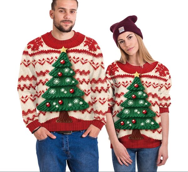 Women's Snowman Christmas Tree Pattern Digital Printed Round Neck Sweater - Image 3