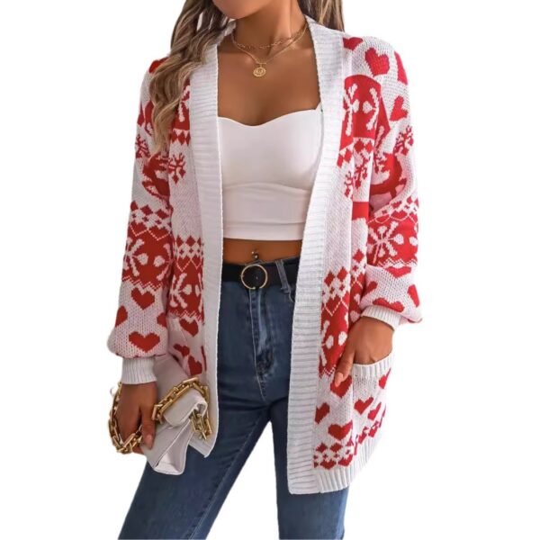 Christmas Deer Pocket Long-sleeve Cardigan Sweater Coat - Image 4