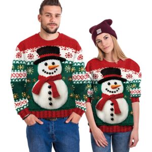 Women's Snowman Christmas Tree Pattern Digital Printed Round Neck Sweater