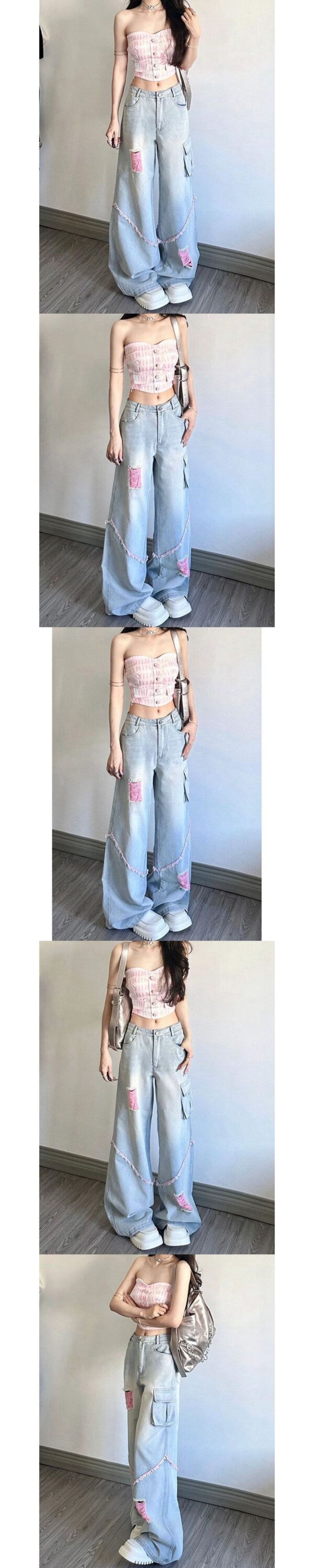 Ripped Cargo Jeans Women's High Waist Baggy Straight Trousers - Image 4