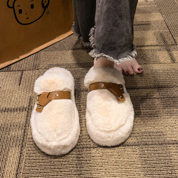 Closed Toe Belt Buckle Thick Bottom Fluffy Slippers Women - Image 2