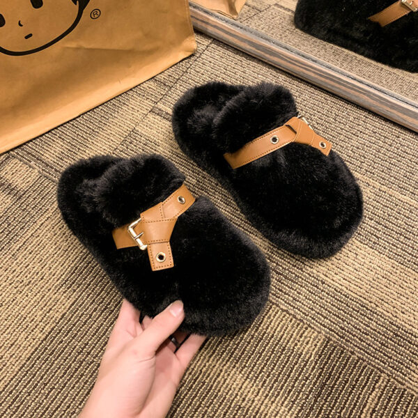 Closed Toe Belt Buckle Thick Bottom Fluffy Slippers Women - Image 6