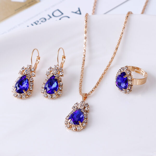 Water drop rhinestone necklace earrings ring set - Image 2