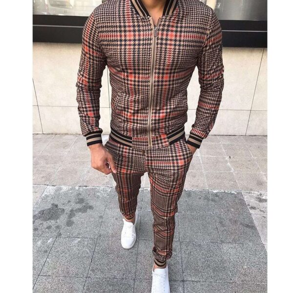New Men's Leisure Suits Tracksuits Men Grid Two-piece Patchwork Zipper Tracksuits Small leg Trouser Sportswear New Man Sets - Image 3