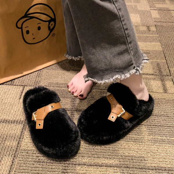 Closed Toe Belt Buckle Thick Bottom Fluffy Slippers Women - Image 4