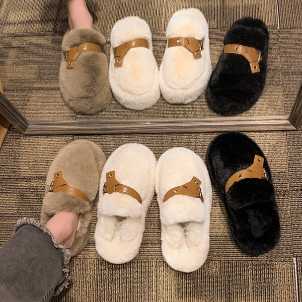 Closed Toe Belt Buckle Thick Bottom Fluffy Slippers Women - Image 3