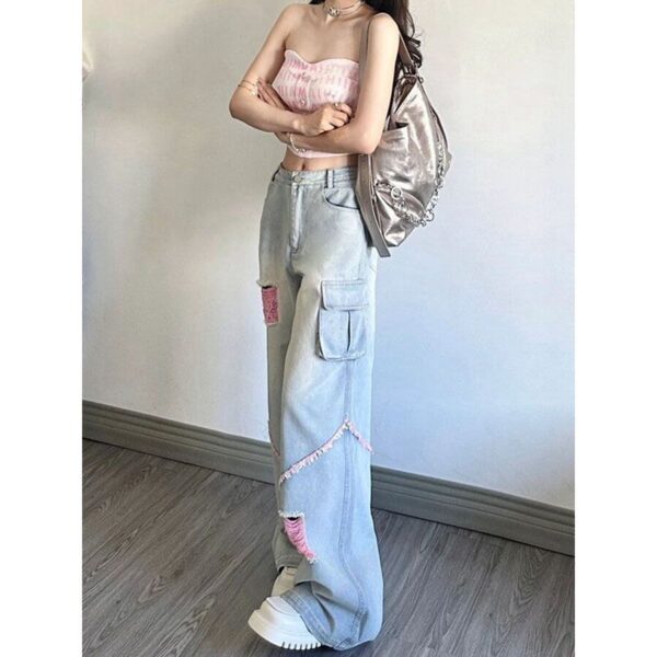 Ripped Cargo Jeans Women's High Waist Baggy Straight Trousers - Image 3