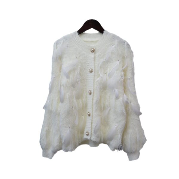 Artificial Mink Fur Gentle Design Feather Beaded Tassel Knitted Cardigan Sweater Coat - Image 2
