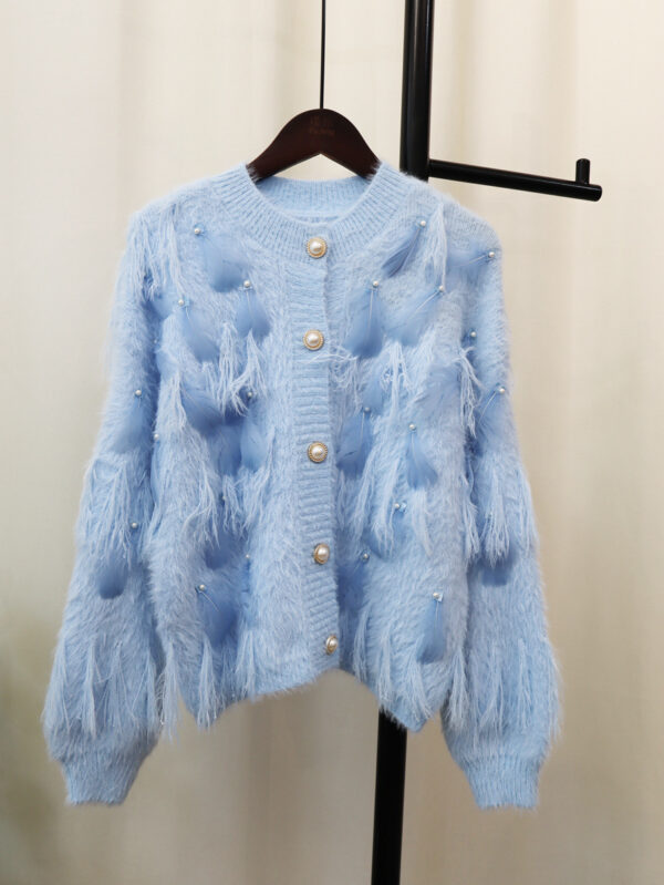 Artificial Mink Fur Gentle Design Feather Beaded Tassel Knitted Cardigan Sweater Coat - Image 10