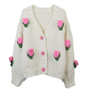 Sweet Sweater Cardigan Hand Crocheting Flower Loose V-neck