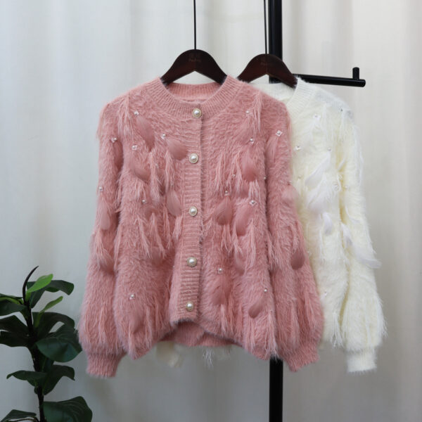Artificial Mink Fur Gentle Design Feather Beaded Tassel Knitted Cardigan Sweater Coat - Image 3