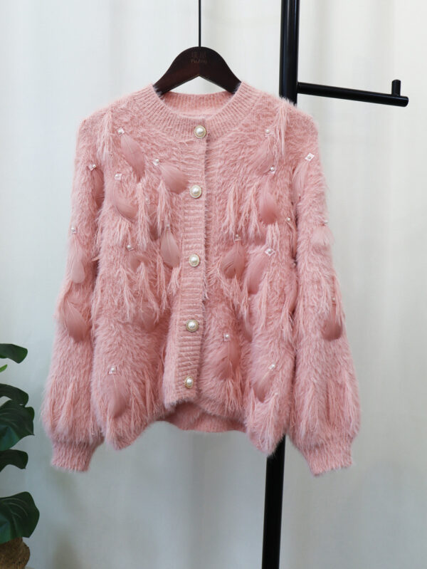 Artificial Mink Fur Gentle Design Feather Beaded Tassel Knitted Cardigan Sweater Coat - Image 7