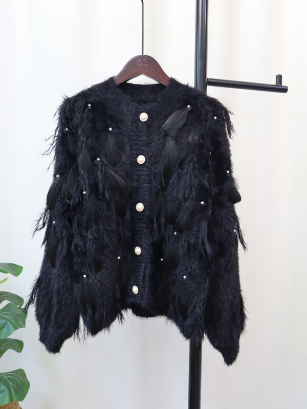 Artificial Mink Fur Gentle Design Feather Beaded Tassel Knitted Cardigan Sweater Coat - Image 8