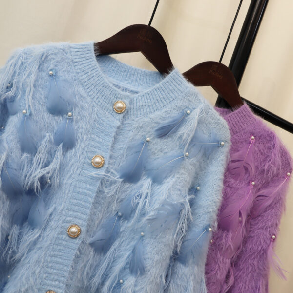 Artificial Mink Fur Gentle Design Feather Beaded Tassel Knitted Cardigan Sweater Coat - Image 4