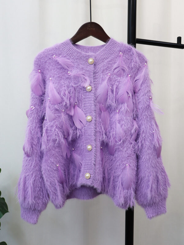 Artificial Mink Fur Gentle Design Feather Beaded Tassel Knitted Cardigan Sweater Coat - Image 9