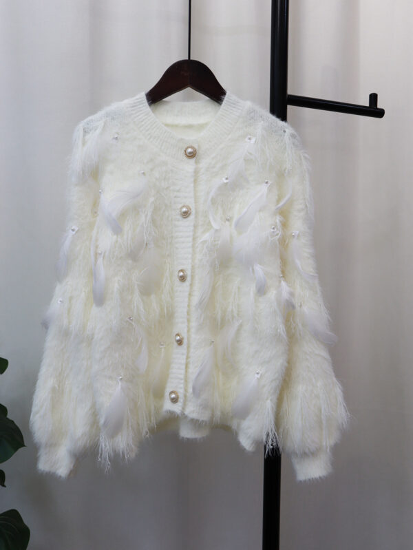Artificial Mink Fur Gentle Design Feather Beaded Tassel Knitted Cardigan Sweater Coat - Image 5